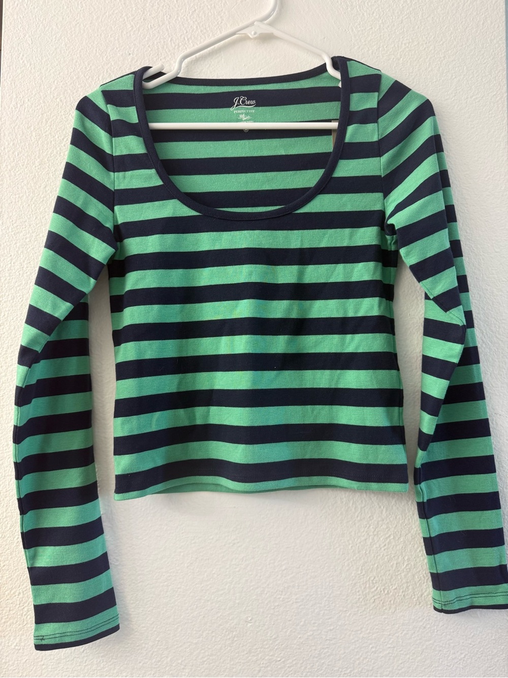 J. Crew Navy and Mint Green Striped Scoop Neck Top